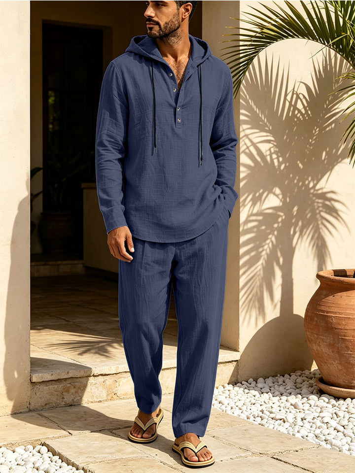 Herren Lässiges Leinen-Look Freizeit-Set mit Kapuzenhemd und weiten Hosen Echoarchiv