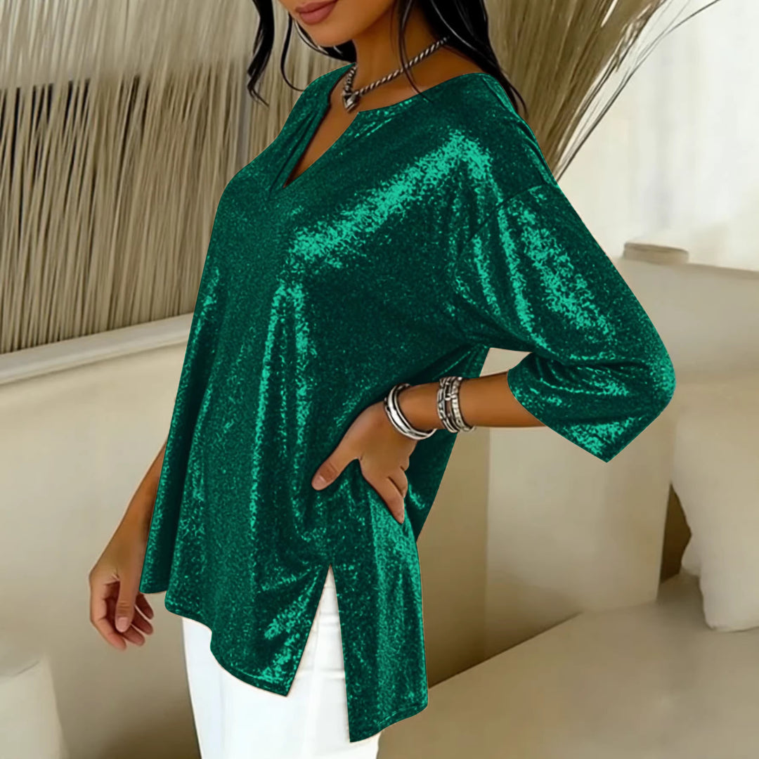 Damen Glänzendes Oversize-Tunika-Shirt mit V‑Ausschnitt und Seitenschlitzen Echoarchiv