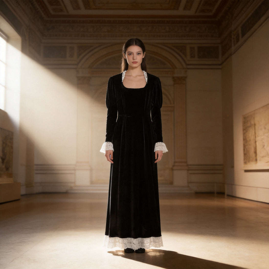 Damen Samt-Maxikleid mit quadratischem Ausschnitt, Spitzenbesatz und Puffärmeln Echo Archiv