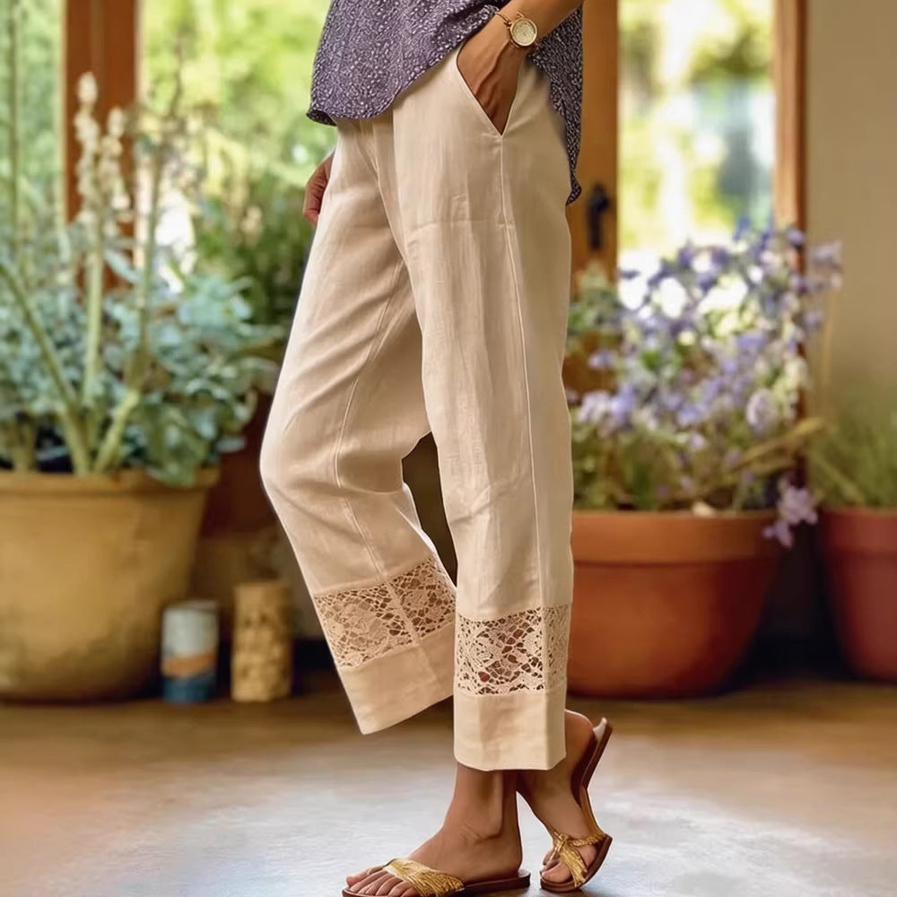 Damen Elegante Leinenhose mit Spitzenakzenten Echo Archiv