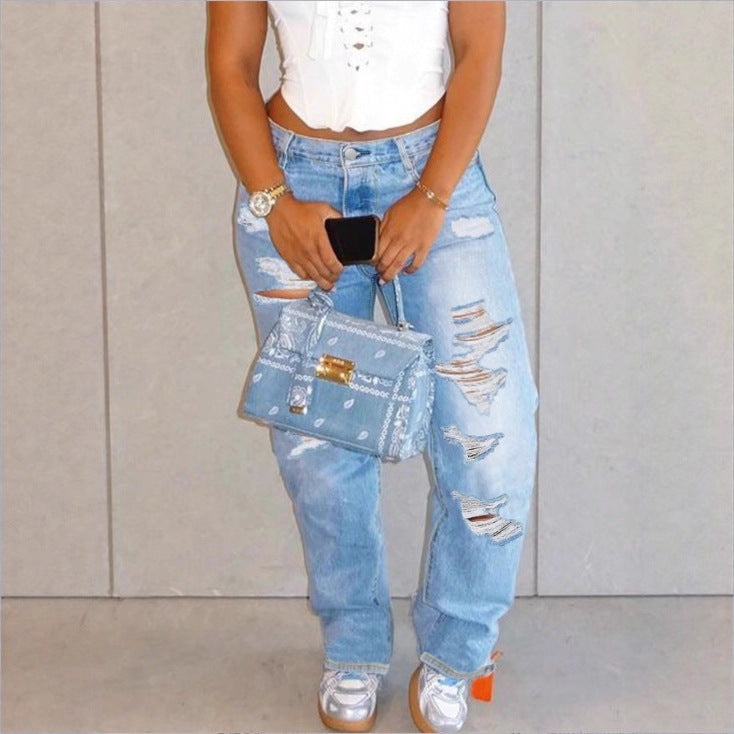Damen Hochtaillierte Relaxed-Fit Straight-Jeans mit ausgeprägten Destroyed-Details Echo Archiv