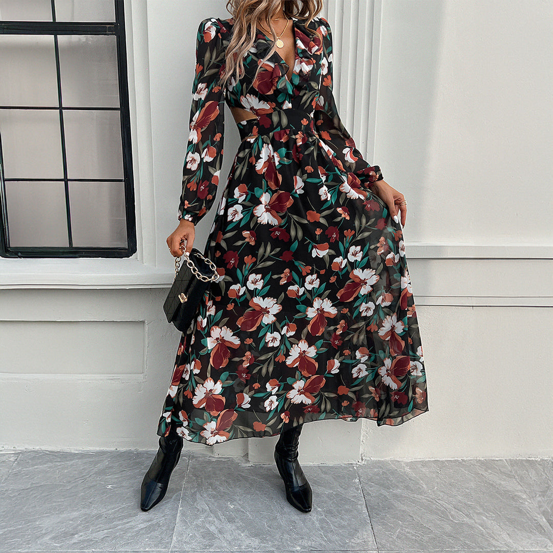 Damen luftig-fließendes Chiffon-Maxikleid mit Taillen-Cutouts, Rüschen-V-Ausschnitt und langen, transparenten Ärmeln – Valéora