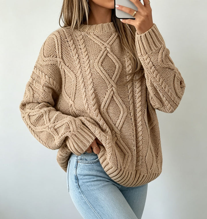Damen Oversize Flechtstrick-Pullover mit Zopfmuster und Rundhals – Mavelle