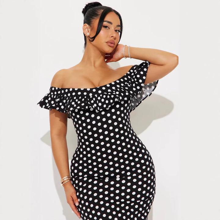 Damen Elegantes Maxikleid mit Rüschendetails und Polka-Dots Echo Archiv