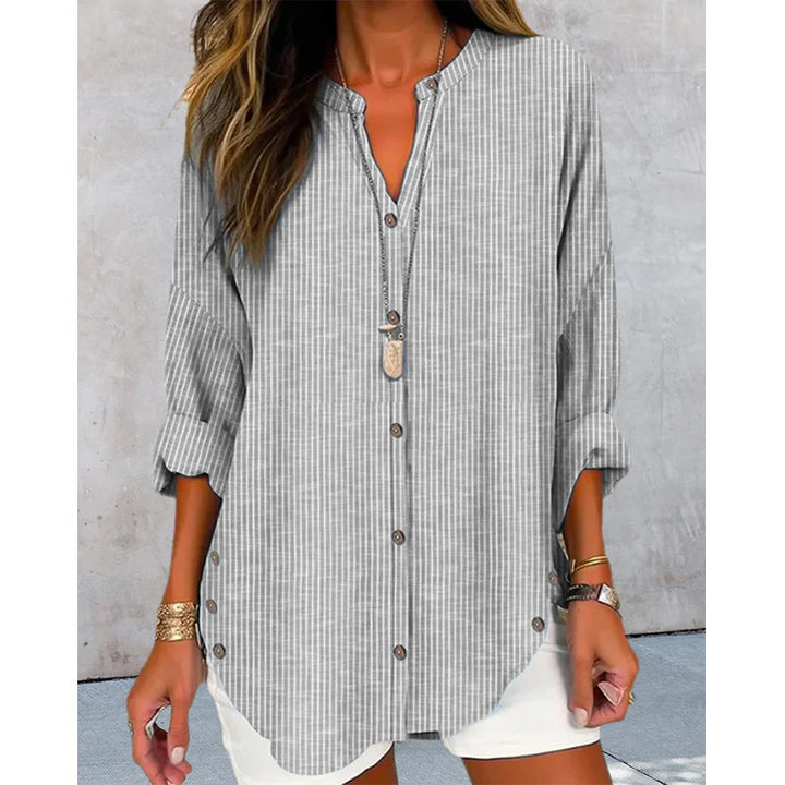 Damen Oversize Leinenlook Tunika Bluse mit Stehkragen und Knopfleiste – Élovi
