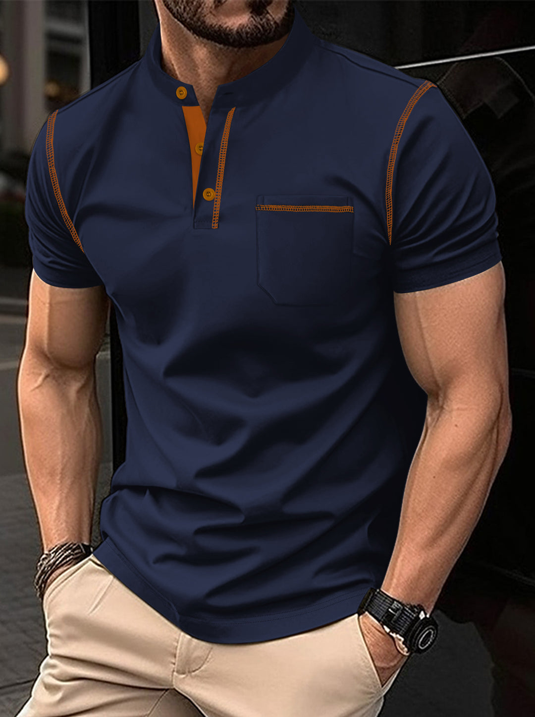 Herren Poloshirt mit modernem Henley-Kragen und praktischem Brusttasche Echoarchiv