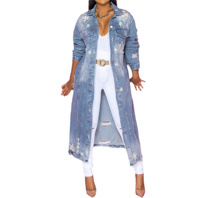 Damen nan langärmliges Jeans-Maxikleid mit Knopfleiste und Used-Details Echo Archiv