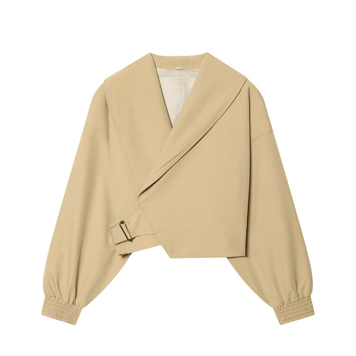 Damen Kurze Wickeljacke mit weitem Schalkragen, taillierendem Schnallenband und Ballonärmeln Echo Archiv