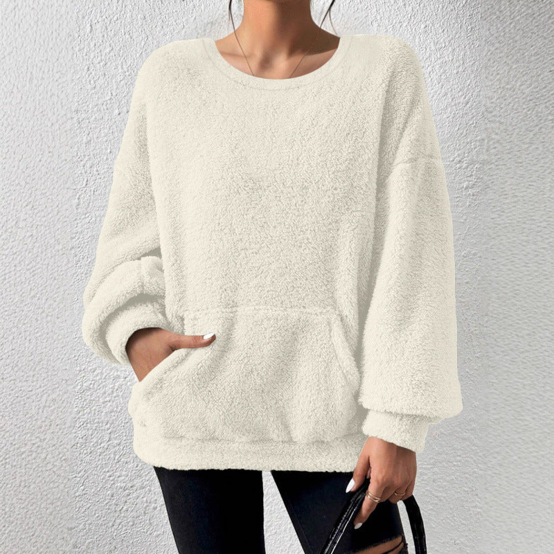 Damen Kuscheliger Oversize-Sherpa-Pullover mit Kängurutasche und Ballonärmeln Echo Archiv