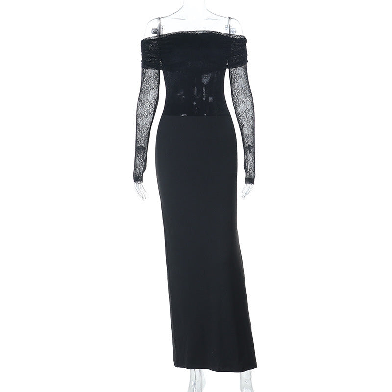 Damen schulterfreies Abendkleid mit Spitzenärmeln und langer Silhouette Echo Archiv