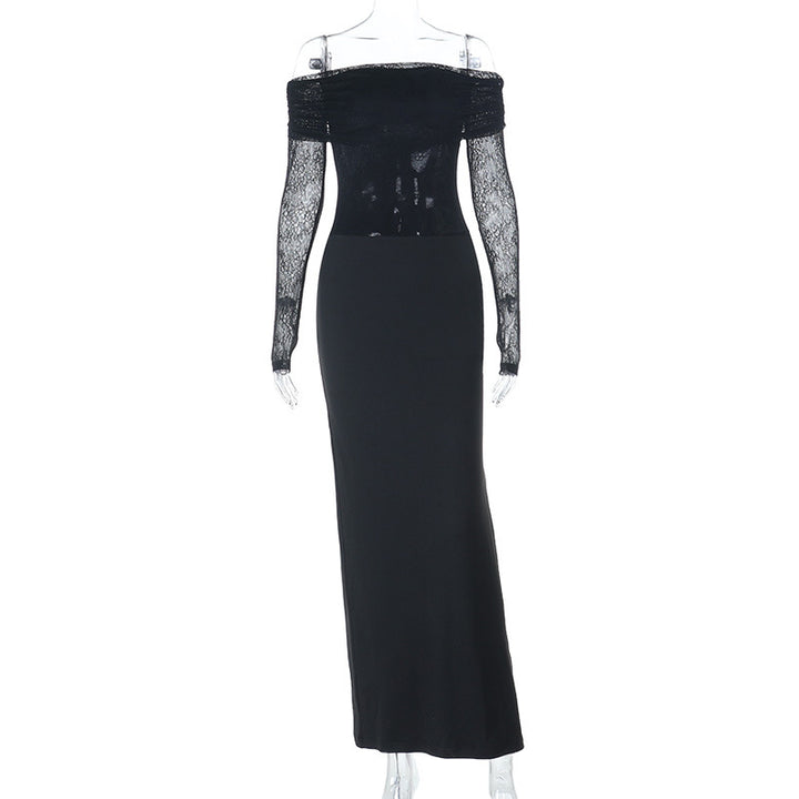 Damen schulterfreies Abendkleid mit Spitzenärmeln und langer Silhouette Echo Archiv