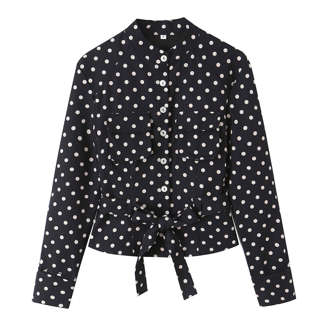 Damen Bluse mit Stehkragen, Taillengürtel und Brusttaschen Echo Archiv