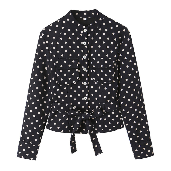 Damen Bluse mit Stehkragen, Taillengürtel und Brusttaschen Echo Archiv