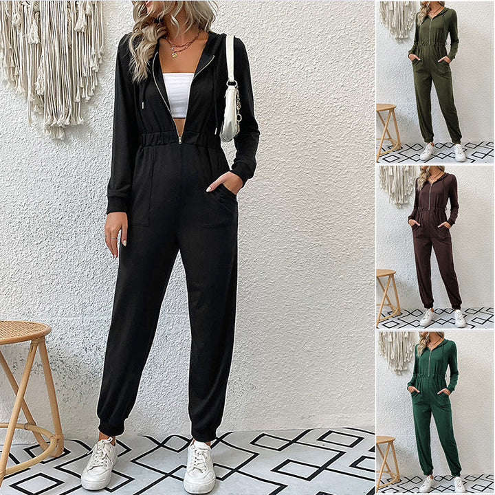 Damen Kapuzen-Jumpsuit mit Reißverschluss, elastischer Taillenpassform & Joggerbündchen Echoarchiv