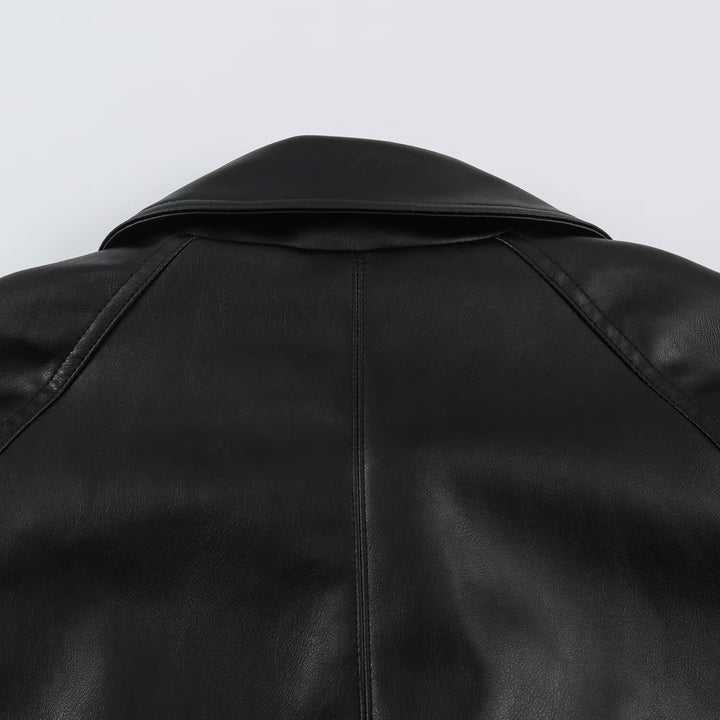 Damen Kurzjacke aus Lederimitat mit Taillengürtel und Oversize-Ärmeln Echoarchiv