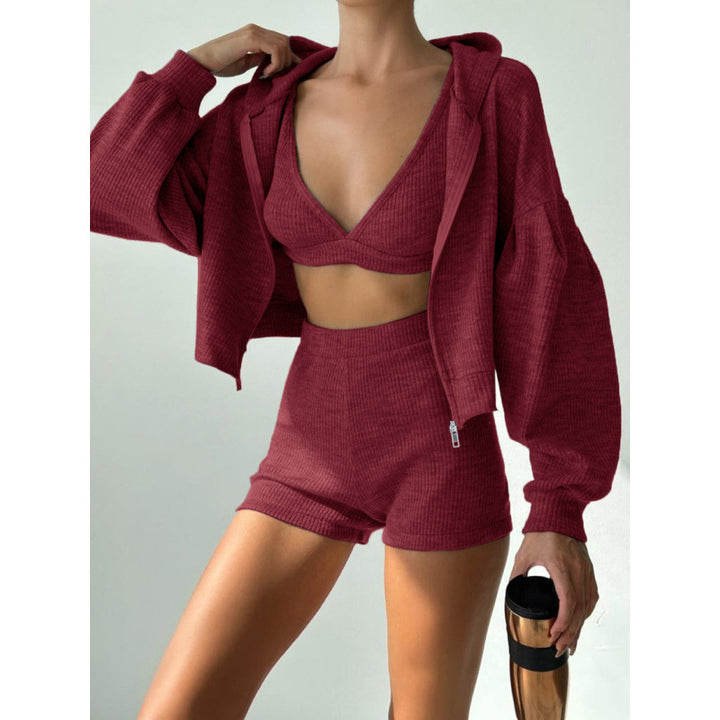 Damen nan kurzes geripptes Lounge-Set mit Kapuzen-Zipjacke und Highwaist-Shorts Echo Archiv