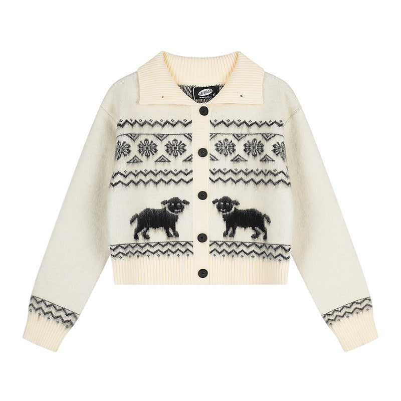 Damen Kurzgeschnittene Strickjacke im Norweger-Jacquard mit Reverskragen und Knopfverschluss Echoarchiv