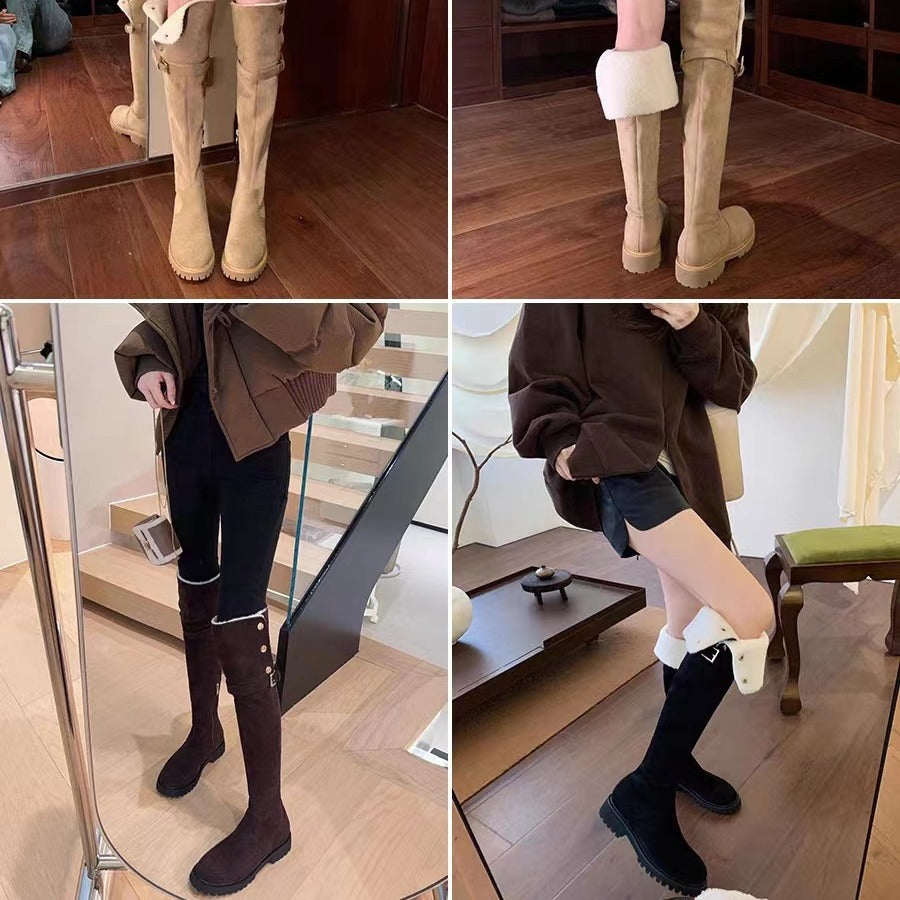 Damen Kniehohe Velours-Winterstiefel mit umklappbarer Schaftrand‑Fütterung und profilierter Lug‑Sohle Echo Archiv