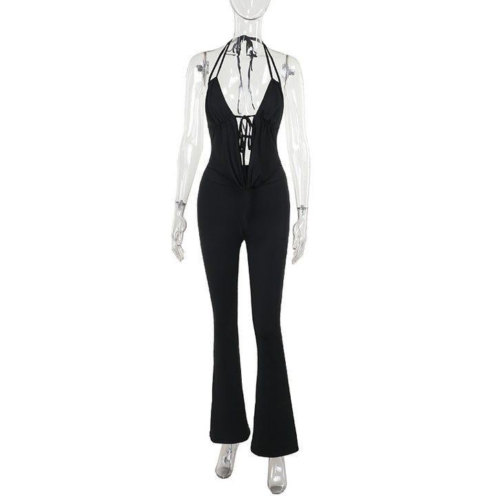 Damen stilvoller Jumpsuit mit tiefem V-Ausschnitt und Schnürung Echo Archiv