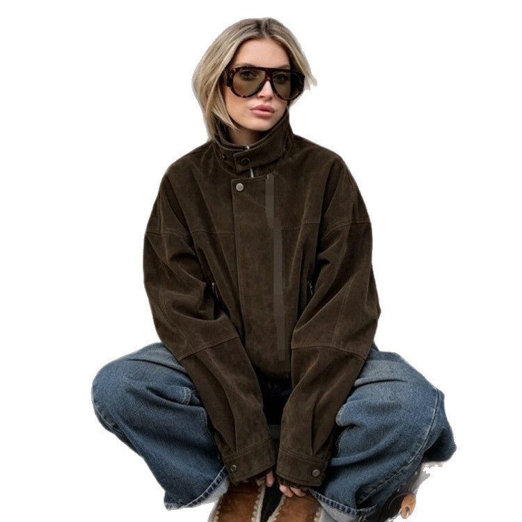 Damen Boxy-Suede-Bomberjacke mit hohem Stehkragen und elastischem Saum Echoarchiv