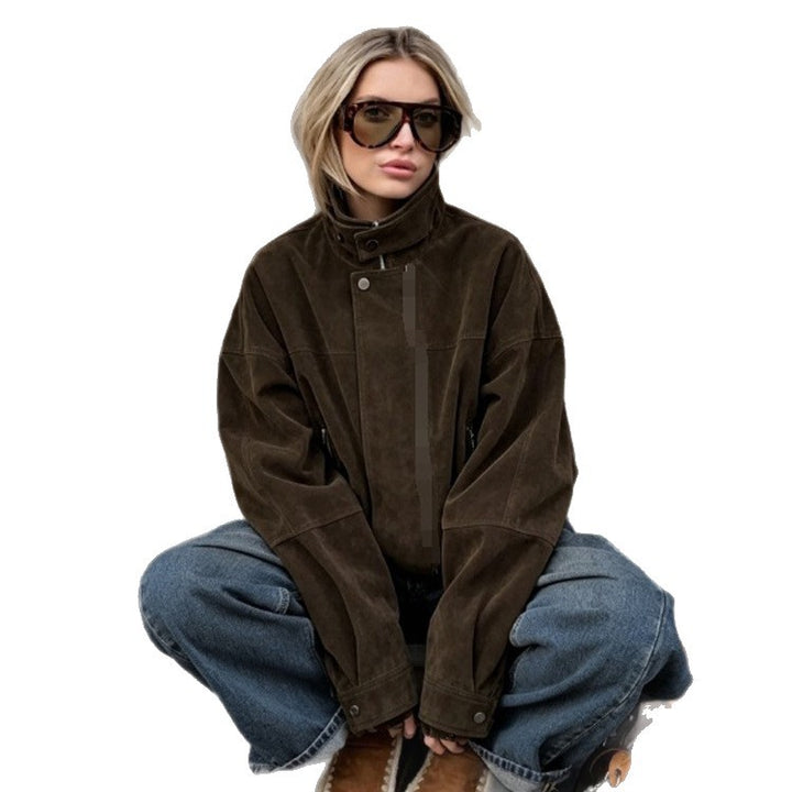 Damen Boxy-Suede-Bomberjacke mit hohem Stehkragen und elastischem Saum Echoarchiv
