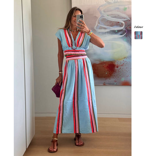 Damen Strandmaxi-Kleid mit elastischem Taillenbund und buntem Streifenmuster Echoarchiv