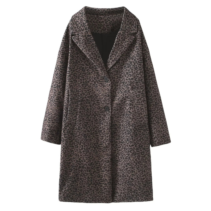 Damen oversized Mantel mit Leopardprint, Reverskragen, Zweiknopf‑Verschluss und aufgesetzten Eingrifftaschen – Montévia