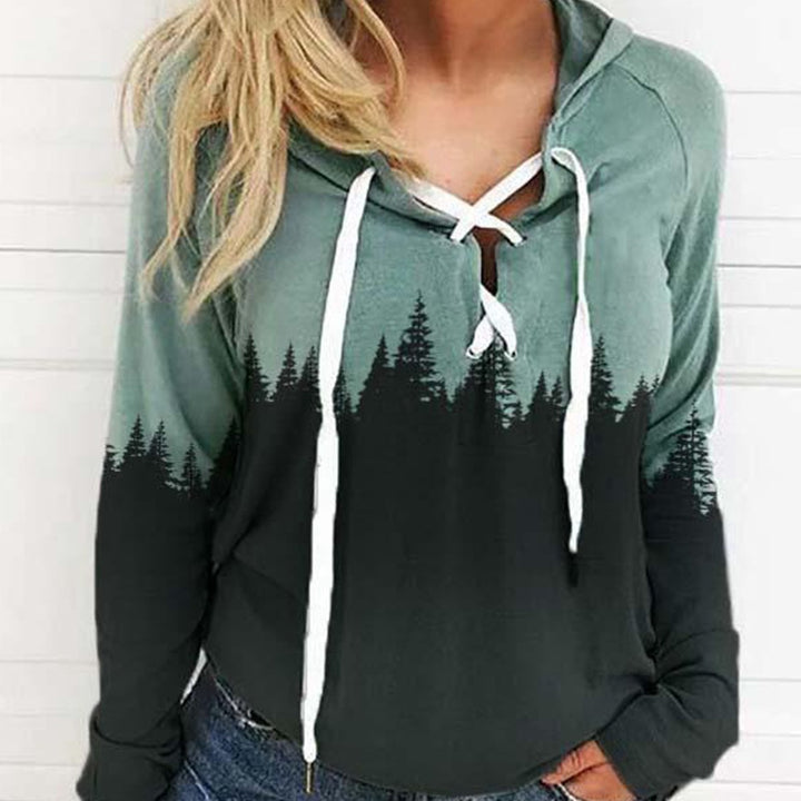 Damen Kapuzenpullover mit Waldprint, Schnürdetail und Raglanärmeln – Auréline