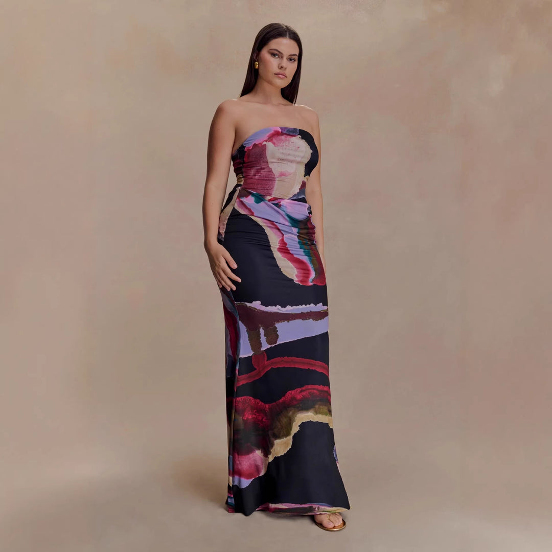 Damen Strapless Maxikleid mit fließendem Stoff und kunstvollem Druck Echo Archiv