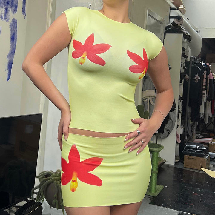 Damen modisches Oberteil und Rock Set mit floralem Design Echo Archiv