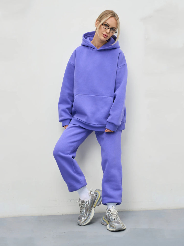 Damen lässiges Kapuzen-Sweatset aus schwerer Baumwollfleece mit Kängurutasche und gerader Jogginghose – Auréline