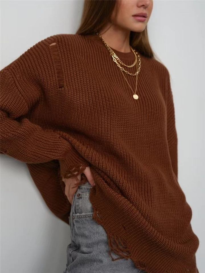 Damen Oversize Grobstrick-Minikleid mit Destroy-Effekt und Rundhalsausschnitt – Élara
