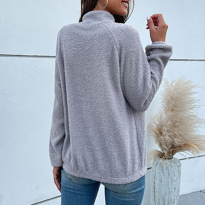 Damen Kuscheliger Teddy-Fleece-Pullover mit Stehkragen und Druckknopfleiste Echoarchiv
