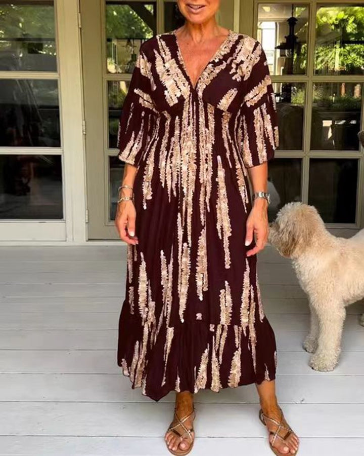 Damen nan Maxikleid mit V-Ausschnitt, vertikalem Pinselprint, geraffter Unterbrustnaht und stufigem Volantrock Echo Archiv