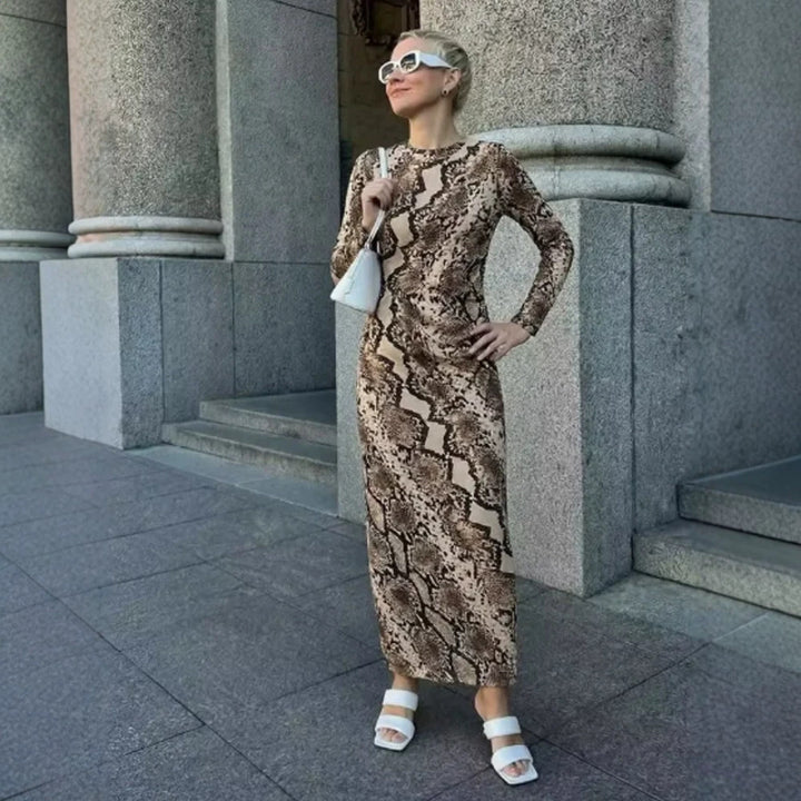 Damen Figurbetontes Midikleid mit Schlangenprint, taillierter Drapierung und Langarm-Schnitt Echoarchiv