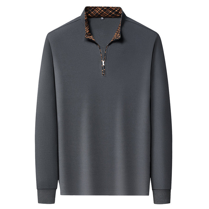 Herren Langarm-Halbzip-Pullover mit Stehkragen und kariertem Innenkragen – Marzano