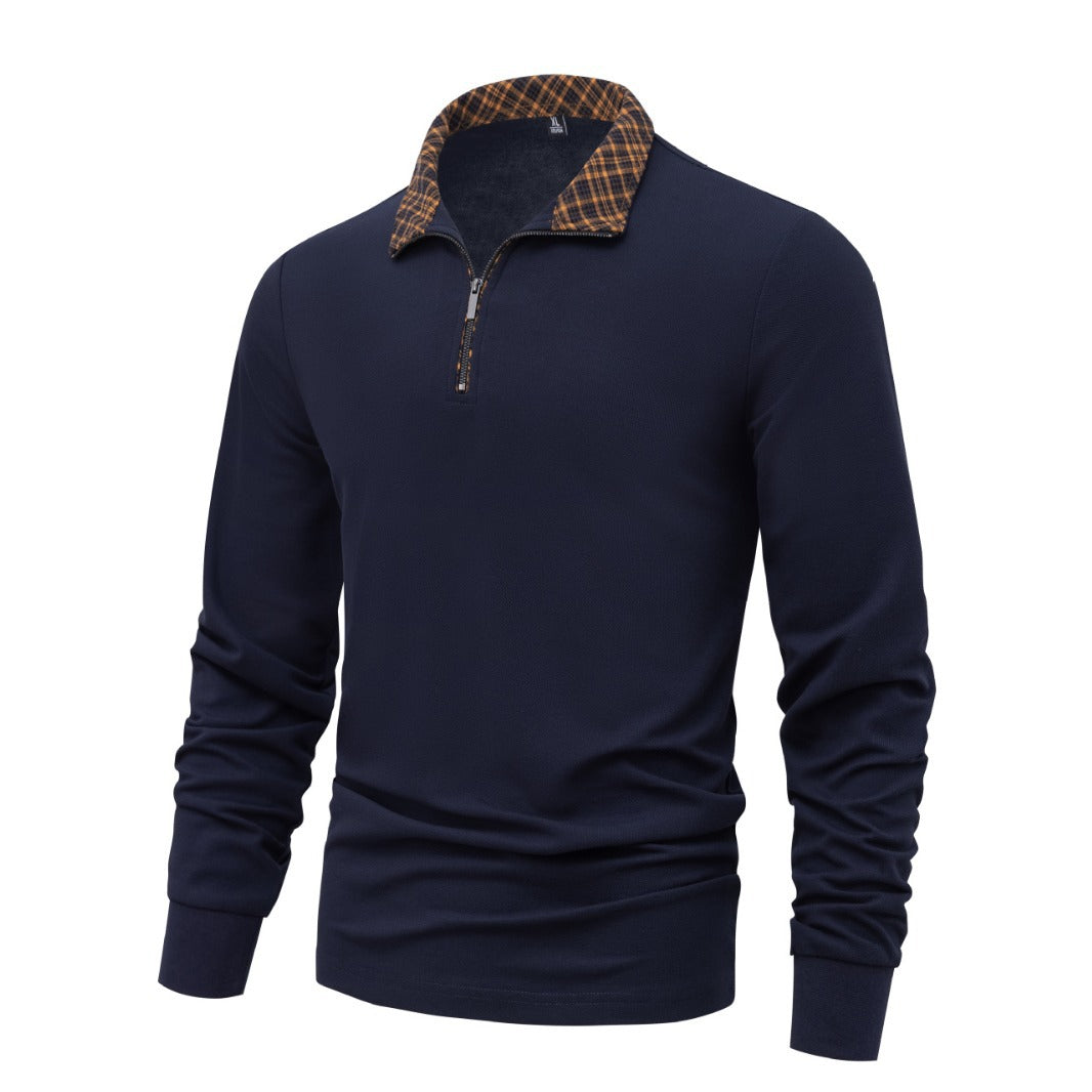 Herren Langarm-Halbzip-Pullover mit Stehkragen und kariertem Innenkragen – Marzano