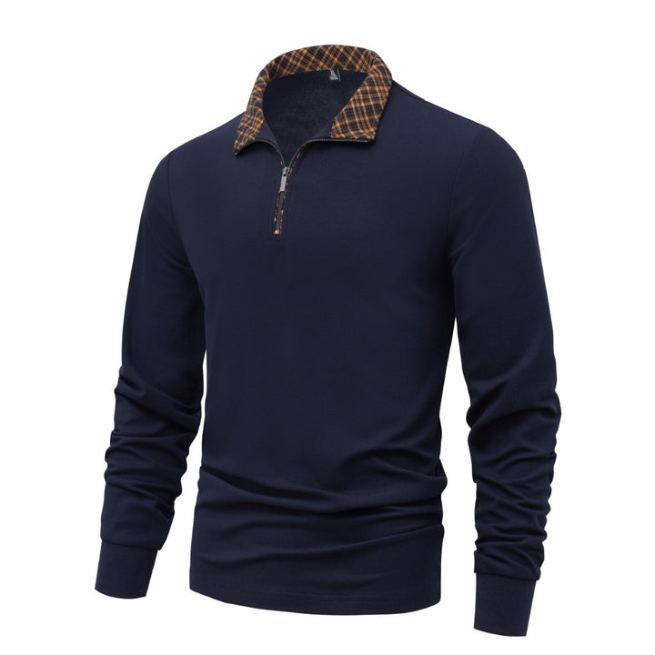 Herren Langarm-Halbzip-Pullover mit Stehkragen und kariertem Innenkragen – Marzano
