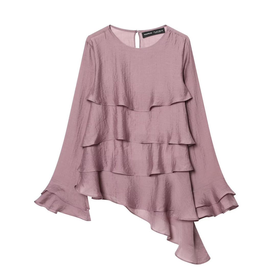 Damen 50+ mehrlagige Volant‑Bluse mit asymmetrischem Saum und Glockenärmeln Echo Archiv