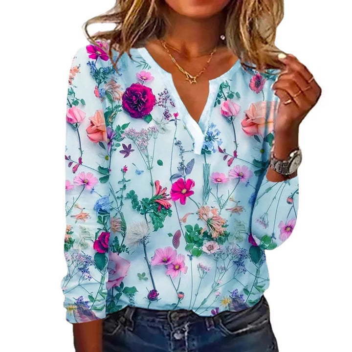 Damen Floral Lange Bluse im Chiffon-Look mit V-Schlitz und Lässiger Silhouette Echoarchiv