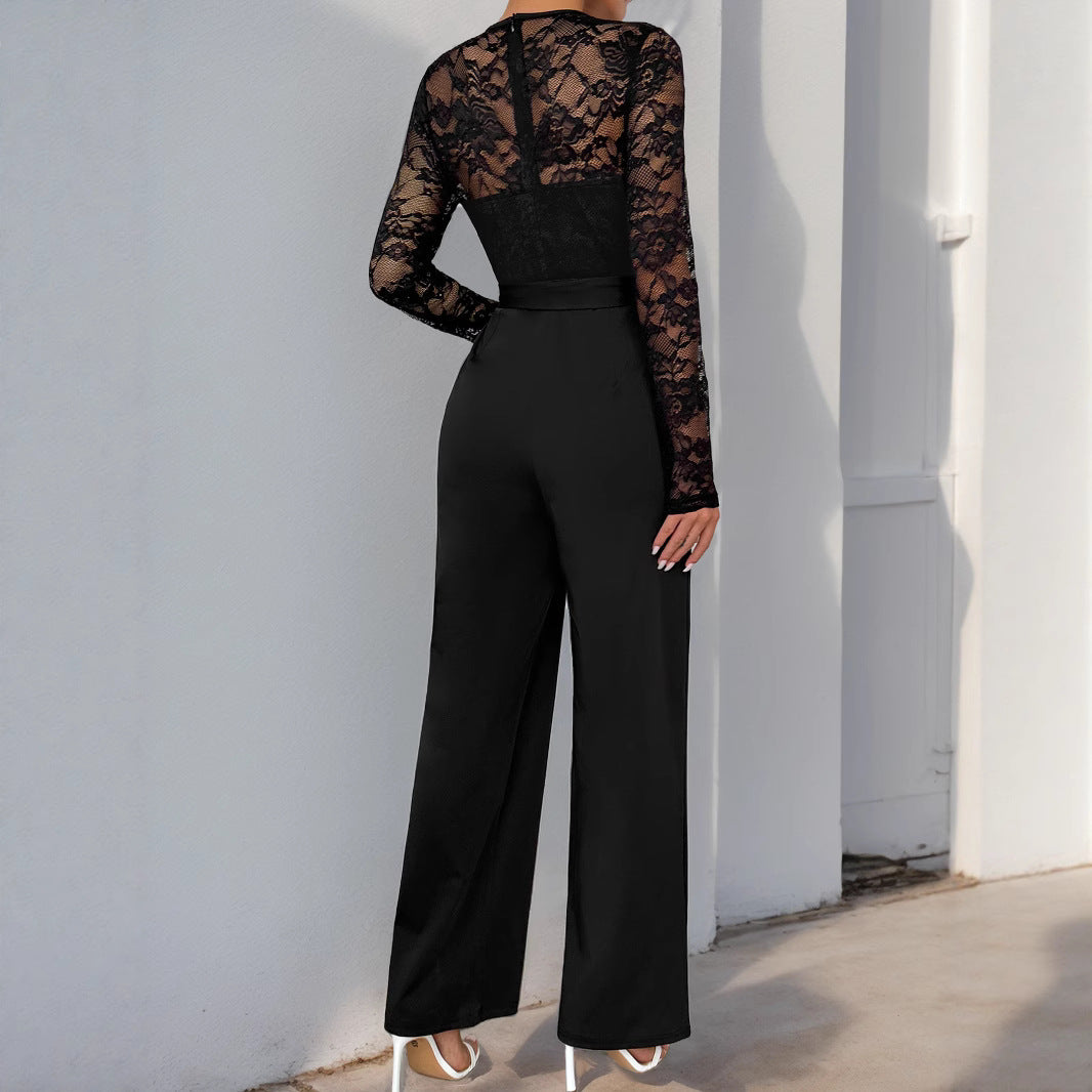 Damen Eleganter Jumpsuit mit transparentem Spitzentop, taillenbetonter Bindeschärpe & weitem Palazzo‑Bein Echoarchiv