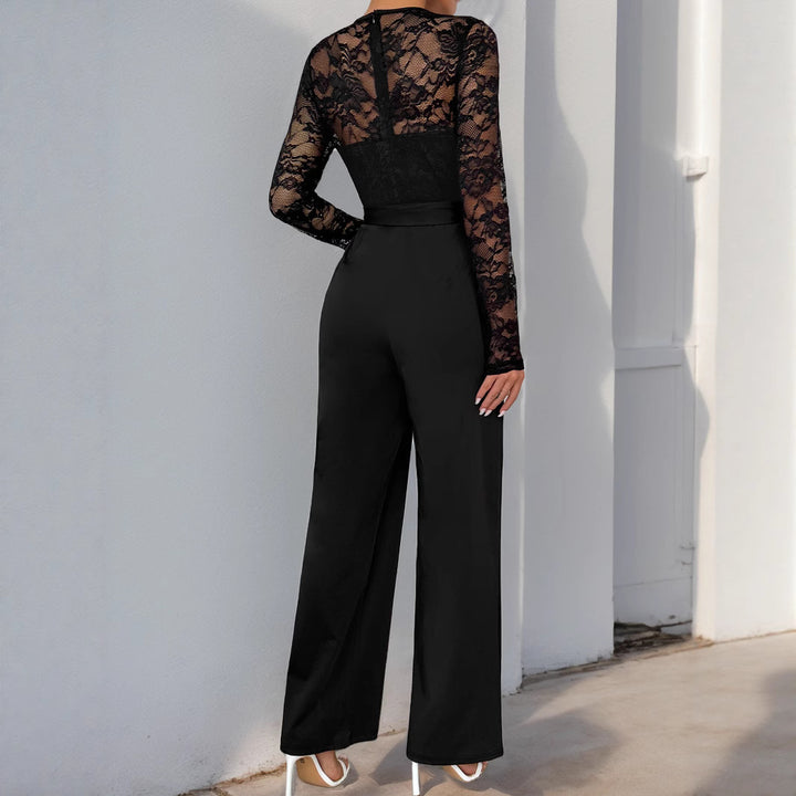Damen Eleganter Jumpsuit mit transparentem Spitzentop, taillenbetonter Bindeschärpe & weitem Palazzo‑Bein Echoarchiv