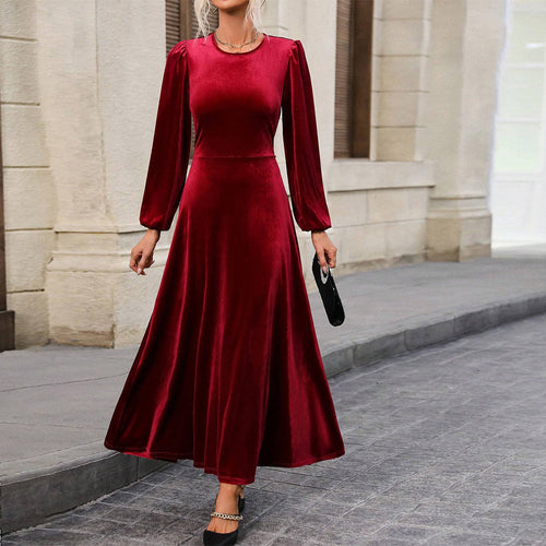 Damen elegantes Samt-Maxikleid mit taillierter Corsage, langen Ballonärmeln und fließender A-Linien-Rock – Valéora