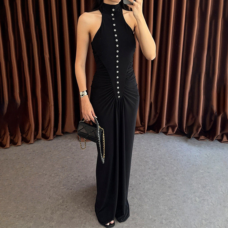 Damen Elegantes, figurbetontes Maxikleid mit hochgeschlossenem Ausschnitt und Knopfdetails Echo Archiv