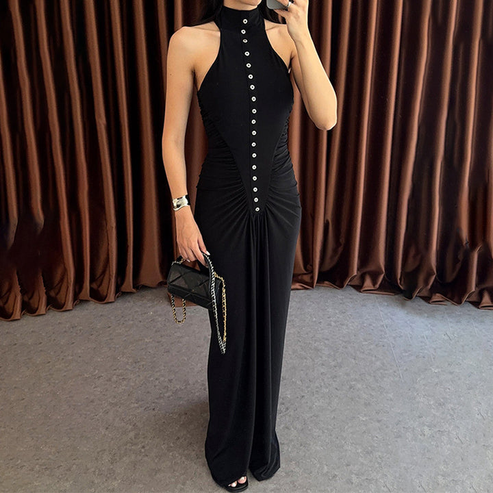 Damen Elegantes, figurbetontes Maxikleid mit hochgeschlossenem Ausschnitt und Knopfdetails Echo Archiv