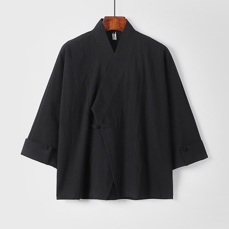 Herren Leinen-Kimono-Jacke mit traditionellem Knotenverschluss und mittel-langen Ärmeln Echoarchiv