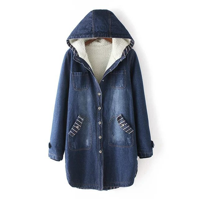 Damen nan gefütterter Denim Parka mit Teddyfutter, Kapuze und aufgesetzten Taschen Echo Archiv