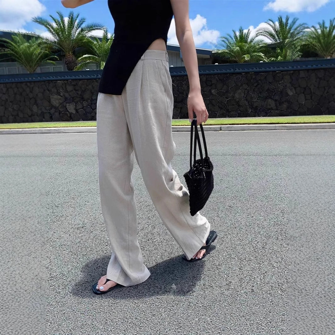 Damen Weite Leinenmix-Hose mit hoher Taille, Bügelfalte und Eingrifftaschen Echoarchiv
