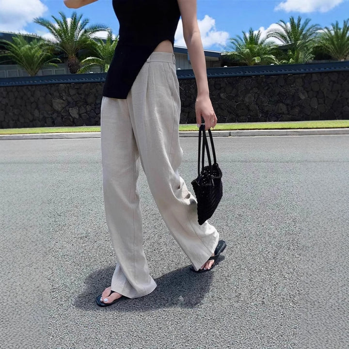 Damen Weite Leinenmix-Hose mit hoher Taille, Bügelfalte und Eingrifftaschen Echoarchiv