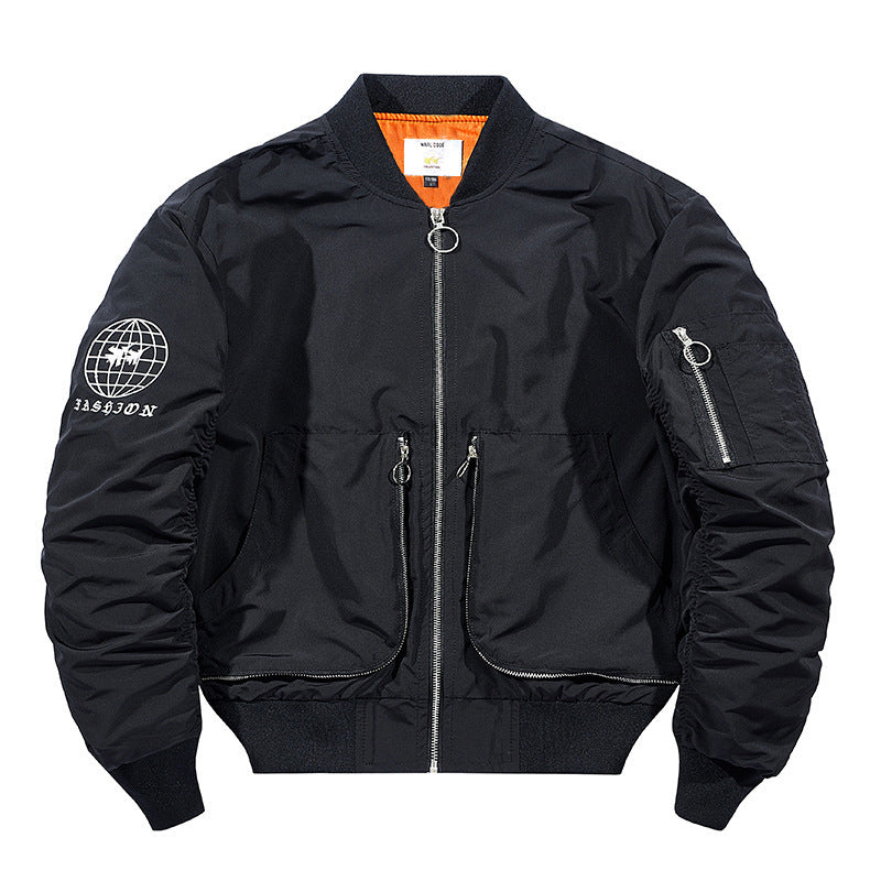 Herren moderne Nylon-Bomberjacke im Pilotenstil mit Utility-Ärmeltasche und kontrastierendem Innenfutter – Brevano